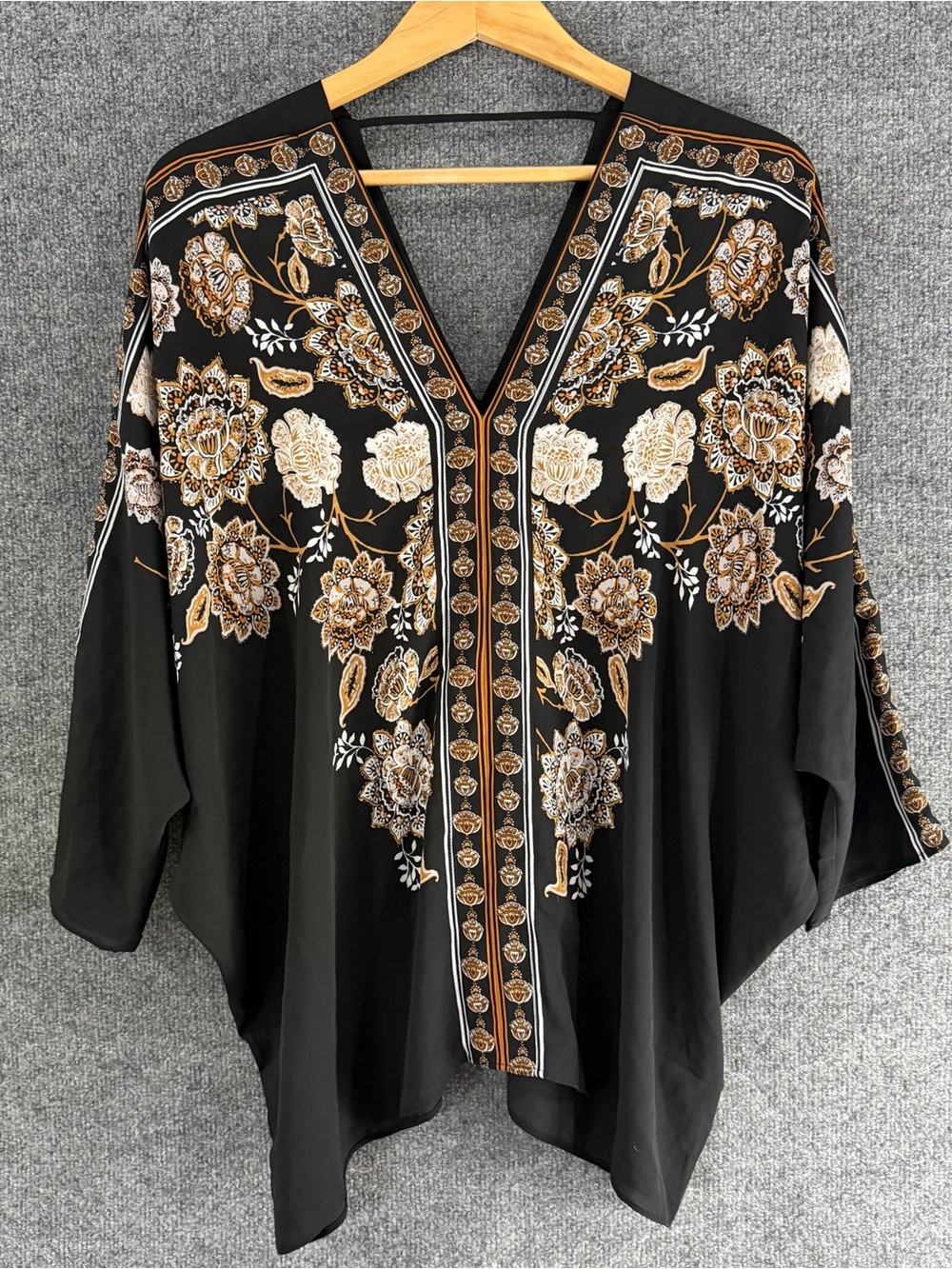 Rose + Olive Womens Floral Boho Batwing Sleeve Top Size XL Black Brown Peasant